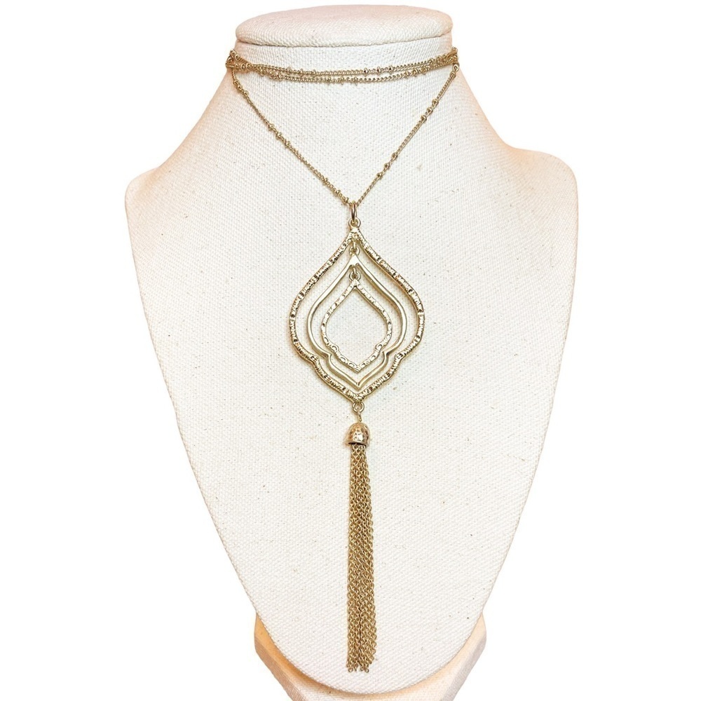 JV Long‎ Hammered Gold Tone Metal Lariat Statement Necklace With Tassel Detail